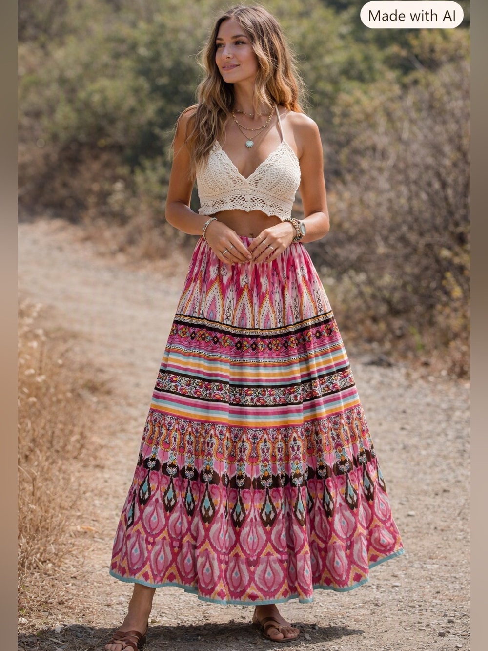 Harold’s Southwestern Boho Tiered Midi Skirt 4 Pink Ikat Festival Cottagecore